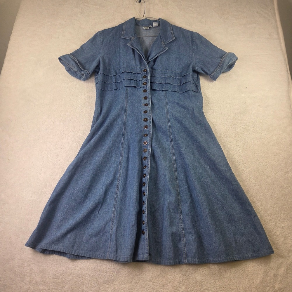 Stuart Alan Petites Blue Denim Button Front Ruffle Midi Dress Womens 12P Cotton